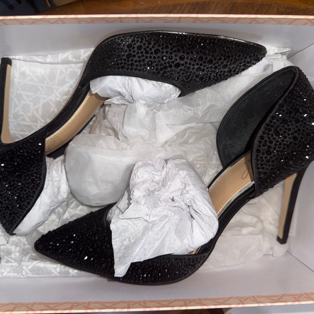 Black bedazzled D’Orsay heels from Badgley Mischka